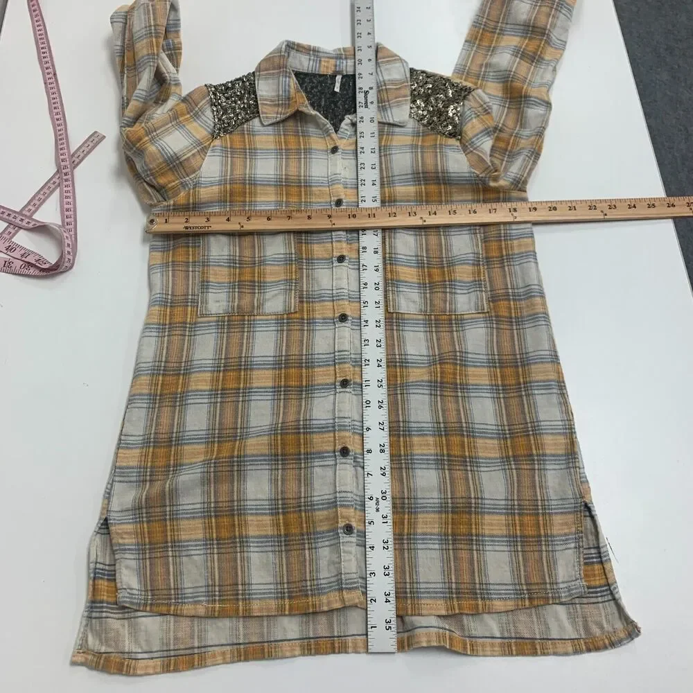 Free People Little Bit of Sugar Shirt Womens S Plaid Flannel Sequin Mesh Panel